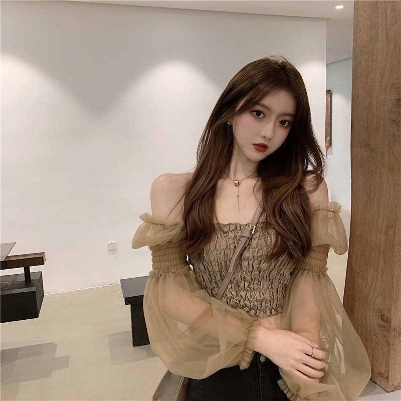 Áo croptop hạ vai hở vai hở lưng gợi cảm sexy phối lưới tay dài màu nâu đất ulzzang