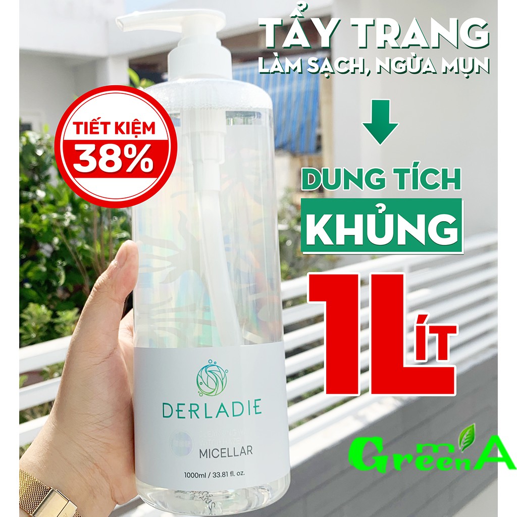 Tẩy Trang DERLADIE [ CHAI 1 LÍT] Cleansing Water Witch Hazel Nước Tẩy Trang Cây Phỉ Đầu Tiên Cho Mọi Loại Da Nhập Khẩu