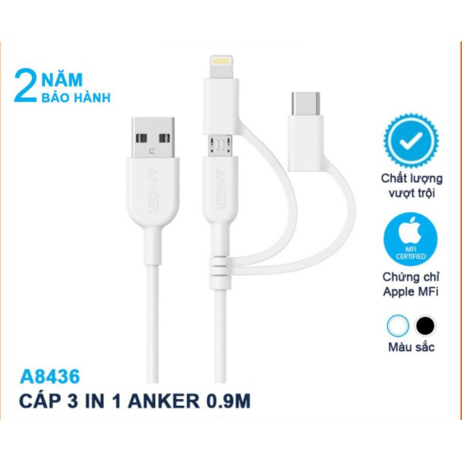 Dây Cáp Sạc 3 in 1 Anker A8436 Powerline II 0.9M Lightning - Type C - Micro USB cho iPhone Samsung Oppo bh 24th