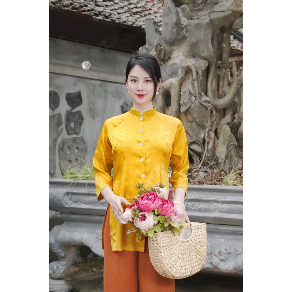 Áo bà ba lụa gấm vân cao cấp đi lễ chùa thiết kế cách tân đồ lam truyền thống hàng loại 1 kèm quần may sẵn