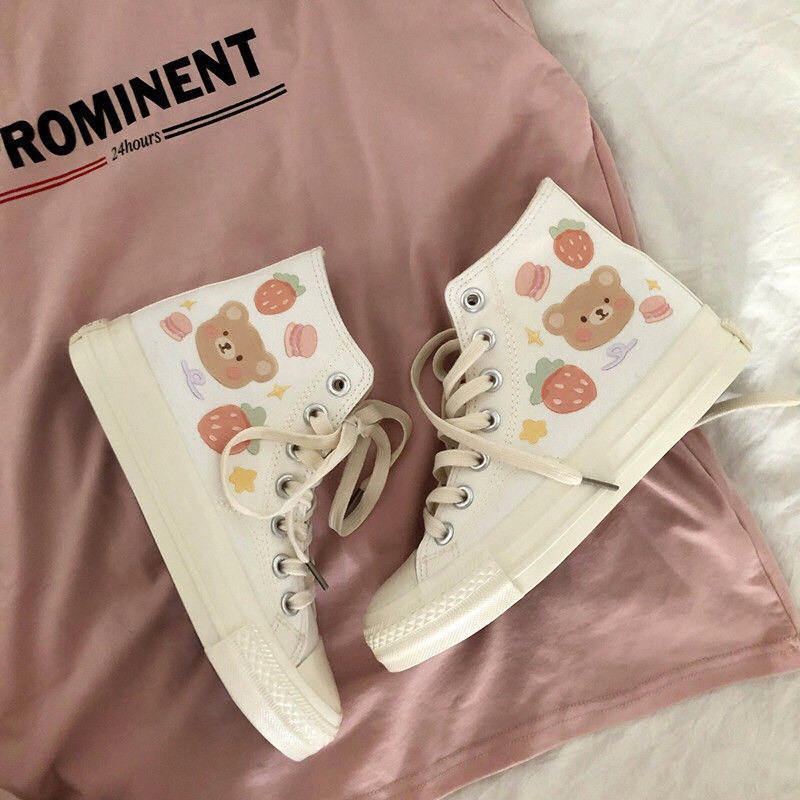 [ SẴN ] Giày Cao Cổ họa Tiết Hình Gấu Dễ Thương/ Sneaker Vải Trắng Basic Đơn Giản Đáng Yêu Kiểu Dáng Học Sinh G00013 | BigBuy360 - bigbuy360.vn