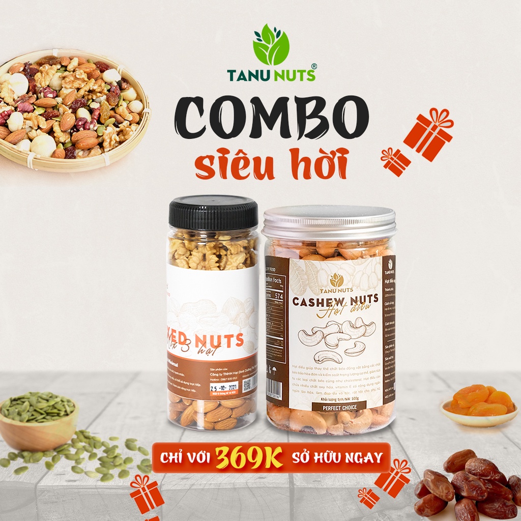 Combo siêu hời gồm hạt mix dinh dưỡng 3 hạt, hạt điều rang muối tách vỏ TANU NUTS