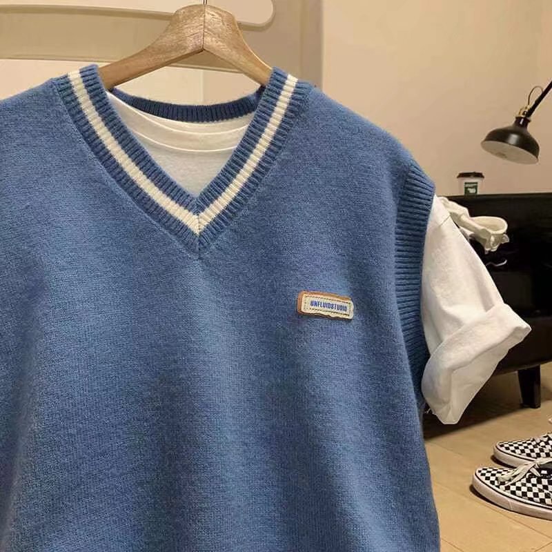 Áo sweater dệt kim sát nách dáng rộng cổ chữ V in màu đơn giản bắt mắt
