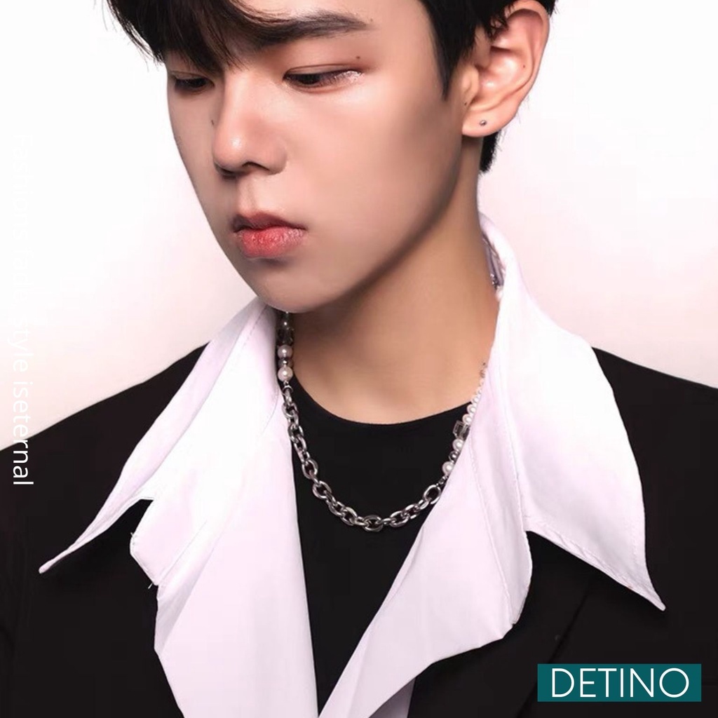 Vòng cổ ngọc trai nhân tạo nam dây chuyền titan hình viên đá unisex hiphop DETINO DC01