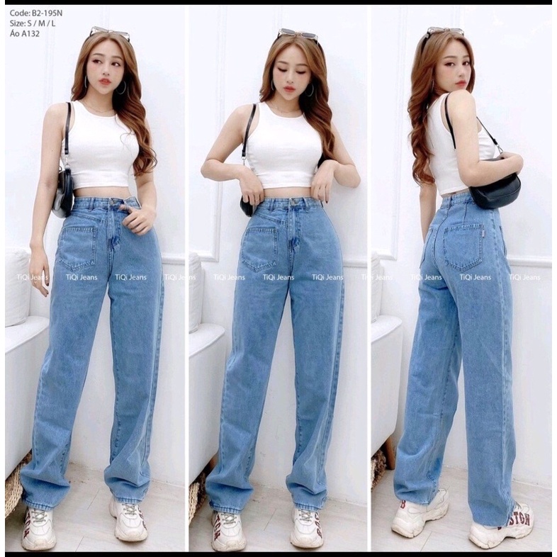 Quần jean nữ ống suông rộng cạp lưng cao | BigBuy360 - bigbuy360.vn