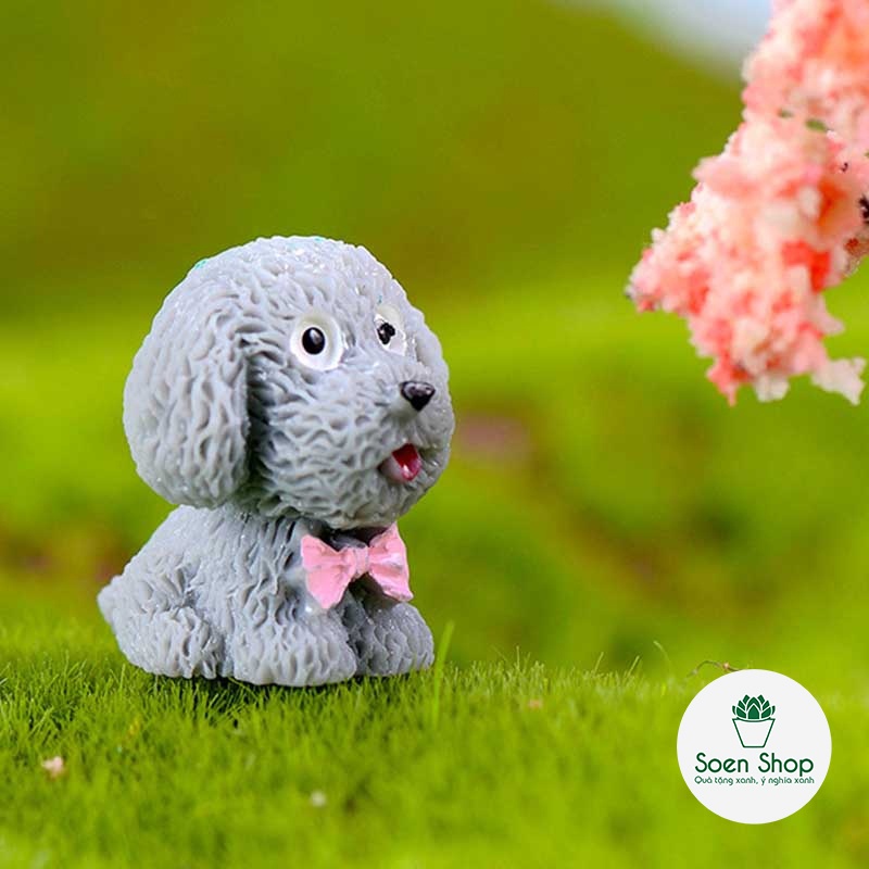 |FREESHIP| Chó đeo nơ Poodle - Phụ kiện trang trí cho cây xanh để bàn làm việc, mô hình trang trí cho bể cá, tiểu cảnh