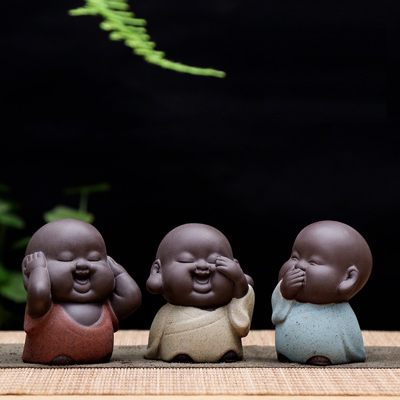 Bộ tượng Tam không mini bằng gốm tử sa, cát tím cao cấp