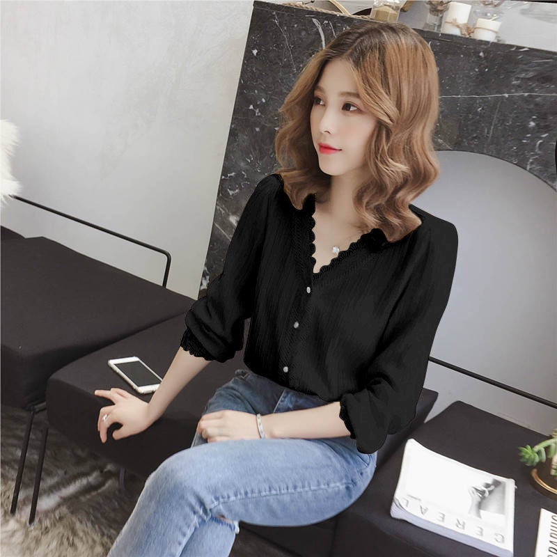 Áo sơ mi chiffon tay dài cổ chữ V dáng rộng thời trang mới cho nữ