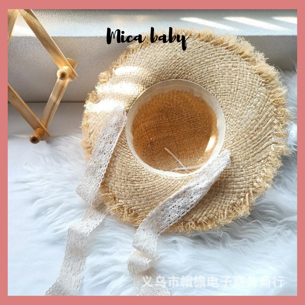 Mũ cói vành rộng đi biển thắt dây ren đáng yêu cho bé Mica Baby MH107