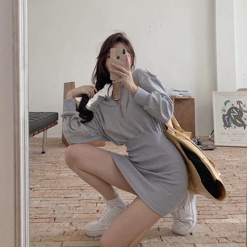 Đầm Mini Dáng Ôm Tay Dài Có Nón Và Khóa Kéo Thời Trang Hàn Quốc Cho Nữ