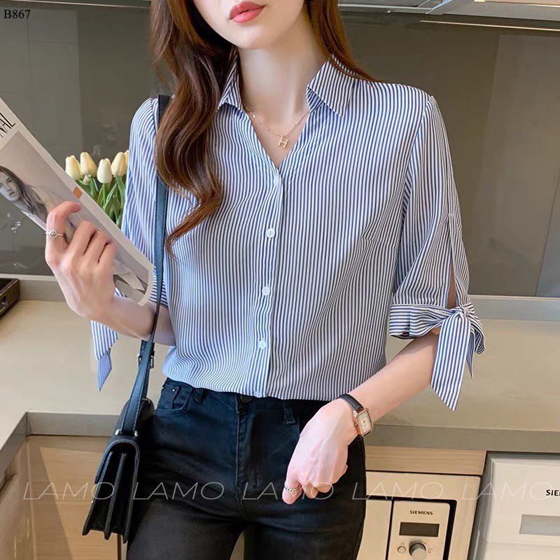 Áo nữ công sở sọc phối tay cột nơ LAMO- B867 | BigBuy360 - bigbuy360.vn