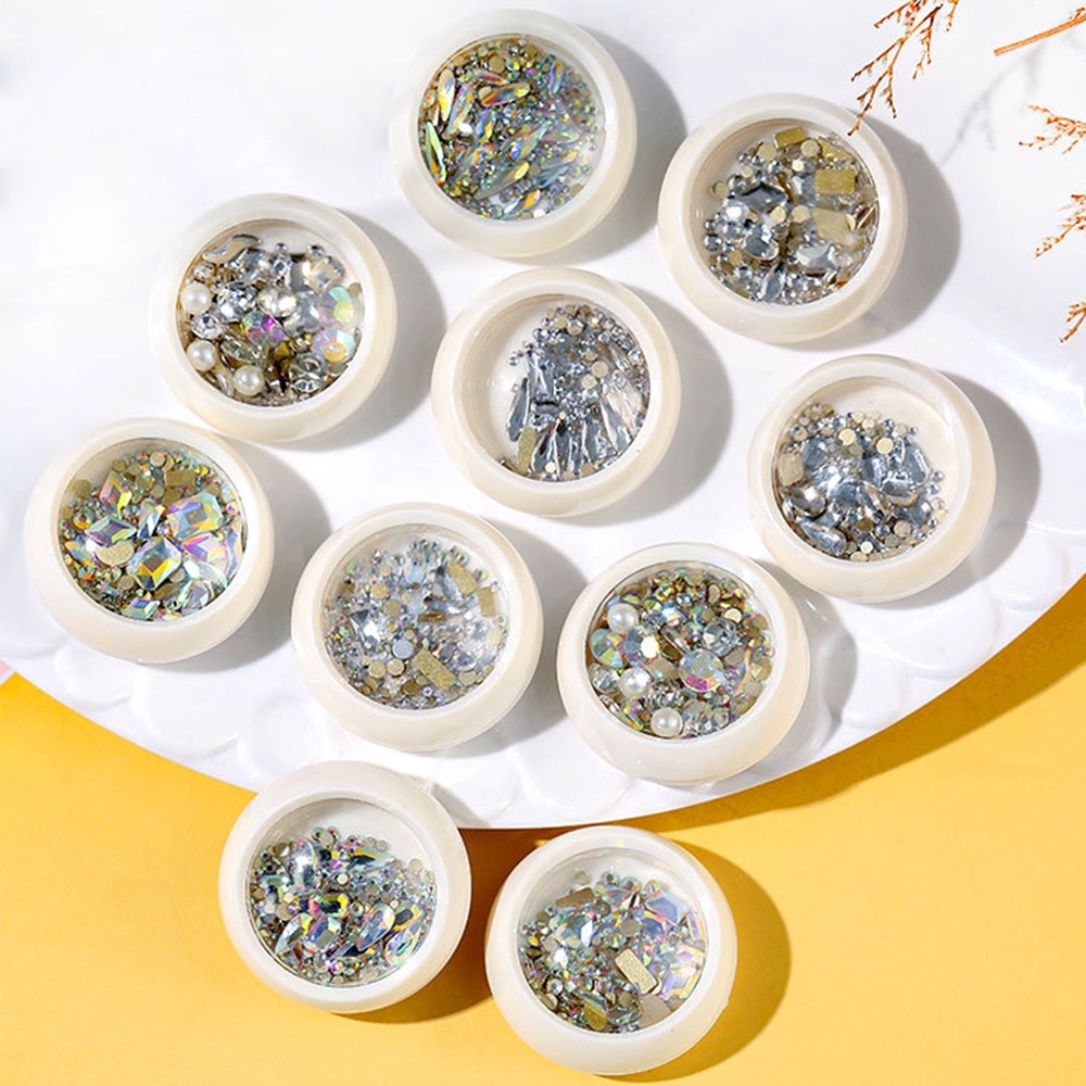 [Hàng mới về] Hộp hạt đá đính trang trí móng nghệ thuật DIY 3D AB đáy phẳng lấp lánh kích thước hỗn hợp nhiều màu sắc