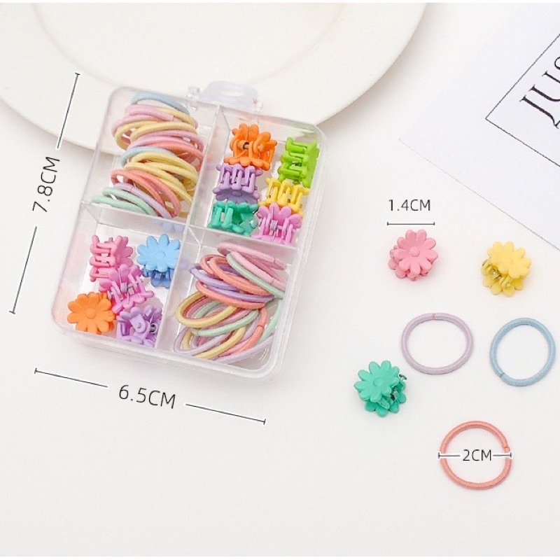 Hộp Dây Buộc Tóc Mix Kẹp Tóc Càng Cua Nhiều Màu Cho Bé Hộp Vuông 4 Ngăn