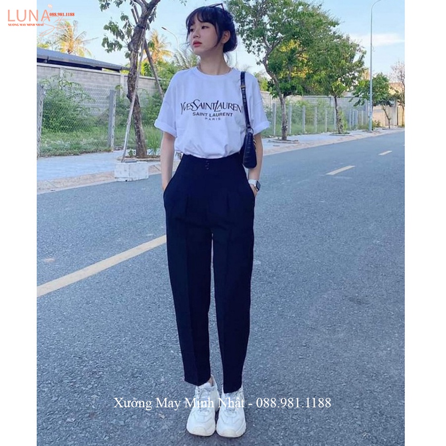 Quần tây đen đi học lưng cao cạp liền phối 2 nút cài dáng quần baggy nữ cạp cao vải tuyết mưa dày dặn mặc công sở xinh