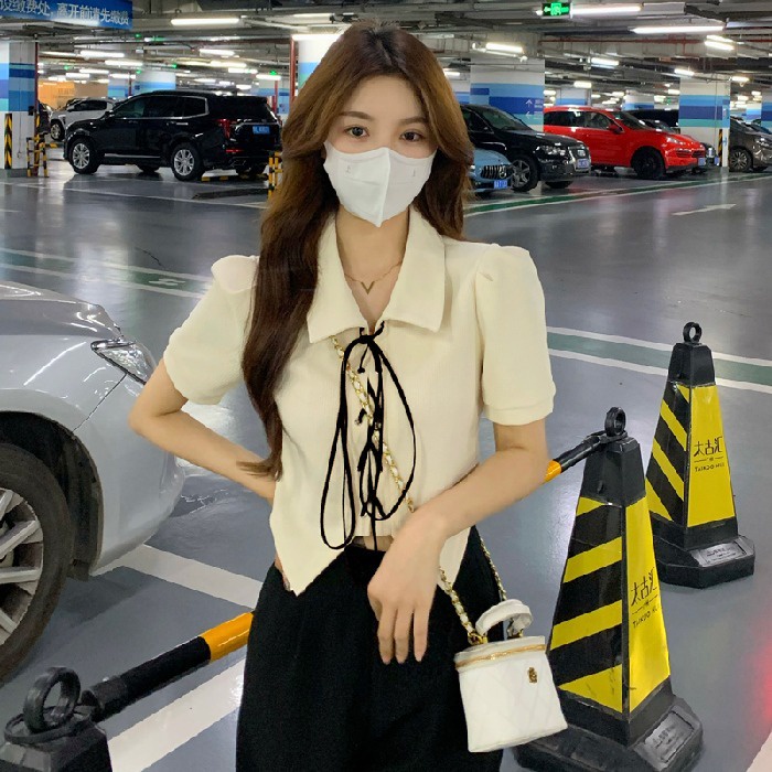 Áo Kiểu Tay Ngắn Phồng Thiết Kế Cột Dây Phong Cách Hàn Quốc Xinh Xắn Cho Nữ
