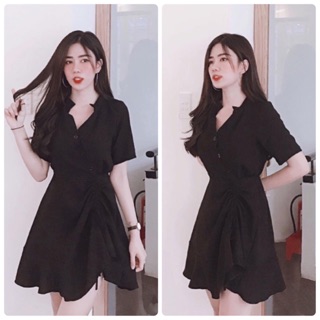 Đầm sơmi đen rút eo