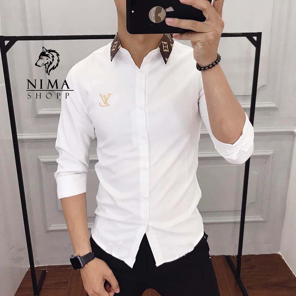 Áo sơ mi nam hàn quốc, dài tay, thêu chữ phối họa tiết cổ cao cấp NMM034