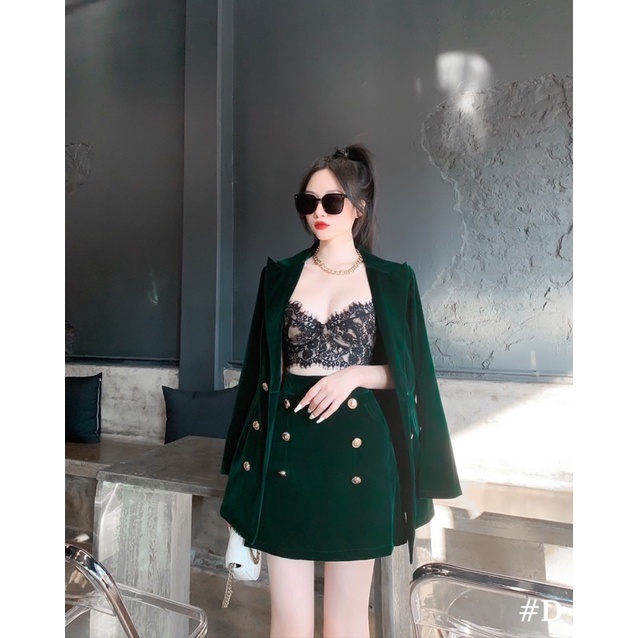 Sét vest nhung độn vai chân váy xinh