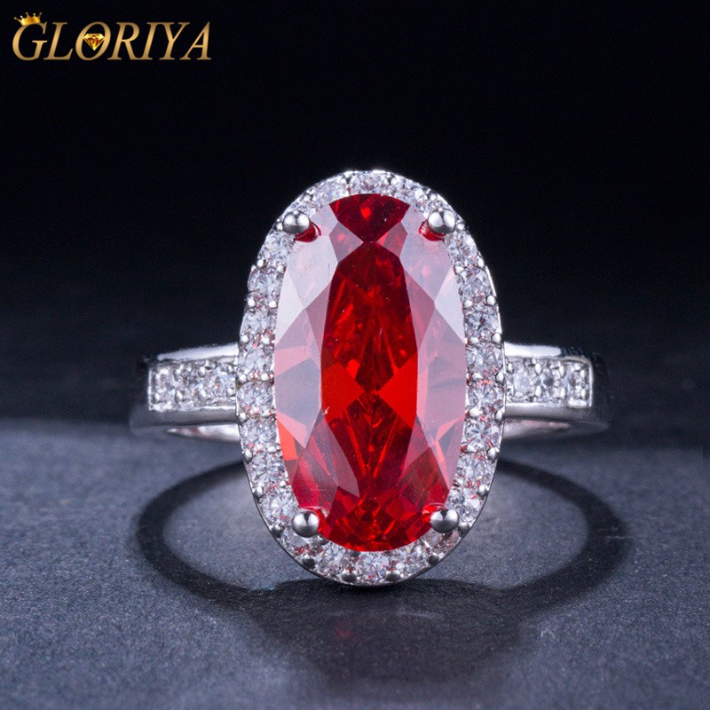 Nhẫn Cưới Mạ Bạc Đính Đá Ruby Hình Oval Lớn Chất Lượng Cao Cho Nữ R014