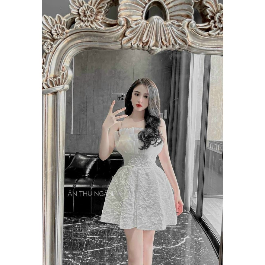 [8.8 Sales Freeship] Đầm gấm 2 dây voan bèo ngực, đầm gấm tiểu thư đi tiệc dây đính ngọc màu trắng đen sang trọng dx