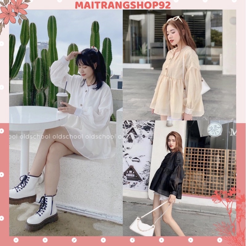 Áo sơ mi nữ cổ chữ V dài tay bồng cúc gỗ, Áo babydoll voan tay phồng đẹp  (TTA110)