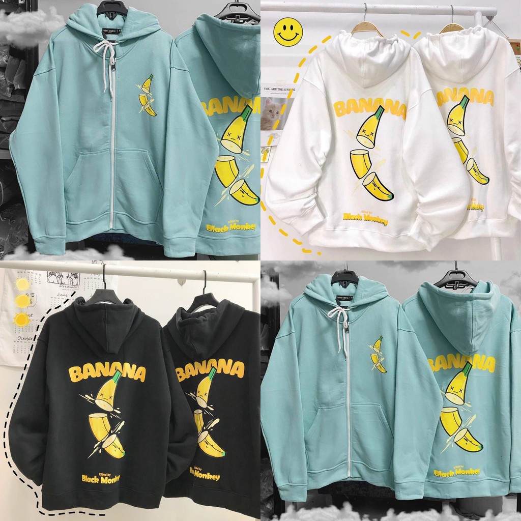 Áo khoác hoodie CHUỐI BANANA nỉ ngoại ulzzang đôi nam nữ unisex form rộng dây kéo zip dày giá rẻ đẹp