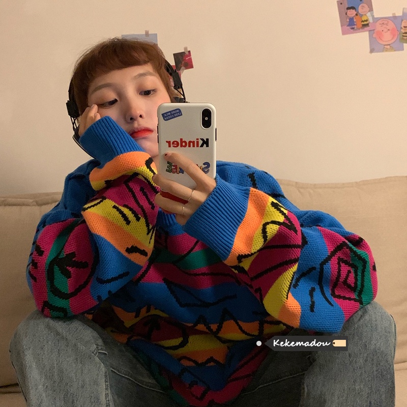 Áo Sweater Tròng Đầu Dáng Rộng In Họa Tiết Graffiti Kiểu Nhật Bản Thời Trang Thu Đông Cho Nữ