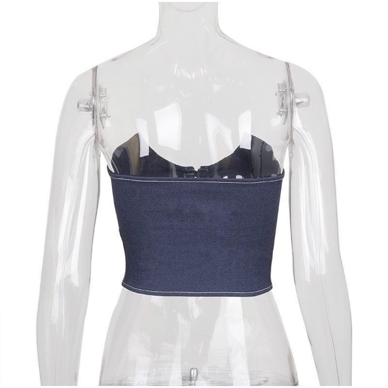 Áo Kiểu Chất Liệu Kaki Thun Cúp Ngực, [ADORABLE], Tube Jeans Phong Cách Âu Mỹ Hot Trend 2021 Ảnh Thật