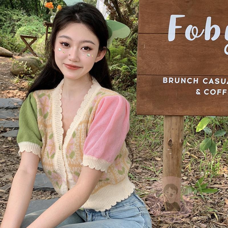 Áo Cardigan Ngắn Tay Cổ Chữ V Màu Sắc Tương Phản Phong Cách Vintage Dành Cho Nữ