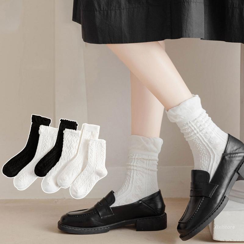 Vớ cotton dệt kim viền nhún bèo hoạ tiết sọc gợn sóng màu trắng/đen phong cách sinh viên thời trang cho nữ