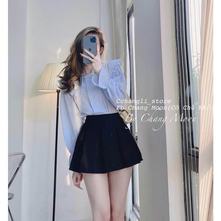 Áo sơ mi dài tay cổ bèo ngang tay cách điệu 2 hàng cúc SM222