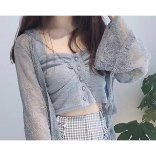 Áo Khoác Ren Mỏng Cột Nơ Tay Dài