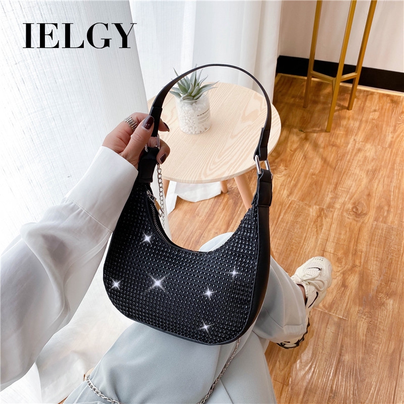 Túi đeo vai đính đá lấp lánh phối dây chuỗi xích thời trang dành cho nữ IELGY