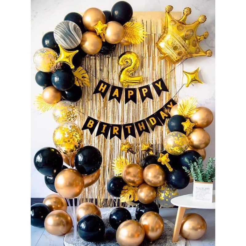 Set bóng trang trí sinh nhật tone màu vàng gold đen như ảnh, tặng kèm dải dây kết bóng thành chùm, bơm, băng dính