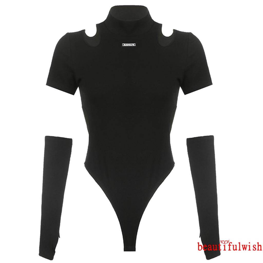 ★KI❈Women Bodysuit Outfits, Cold-shoulder Letter Label Short Sleeve Round Neck Cutout Romper + Solid Color | BigBuy360 - bigbuy360.vn