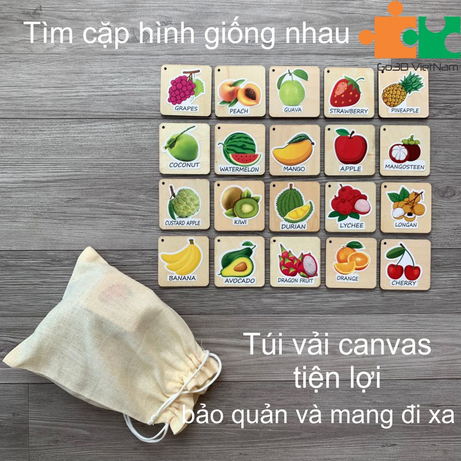 Tìm cặp giống nhau, tìm cặp đôi, memory game, matching game bằng gỗ-Các loại quả