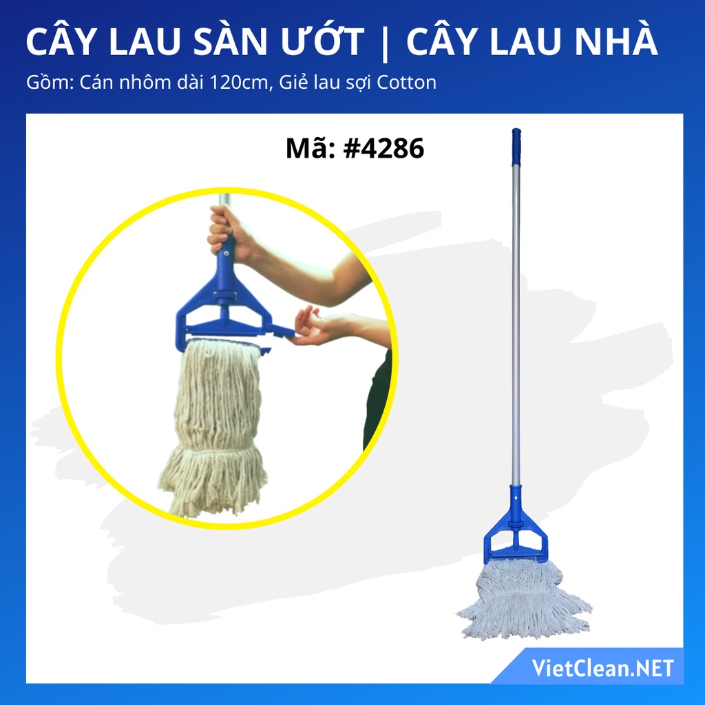 Cây lau sàn ướt công nghiệp VIETCLEAN, dài 1.2m, giẻ lau bằng cotton, cán màu trắng nhôm, đặc trị các vết bẩn cứng đầu