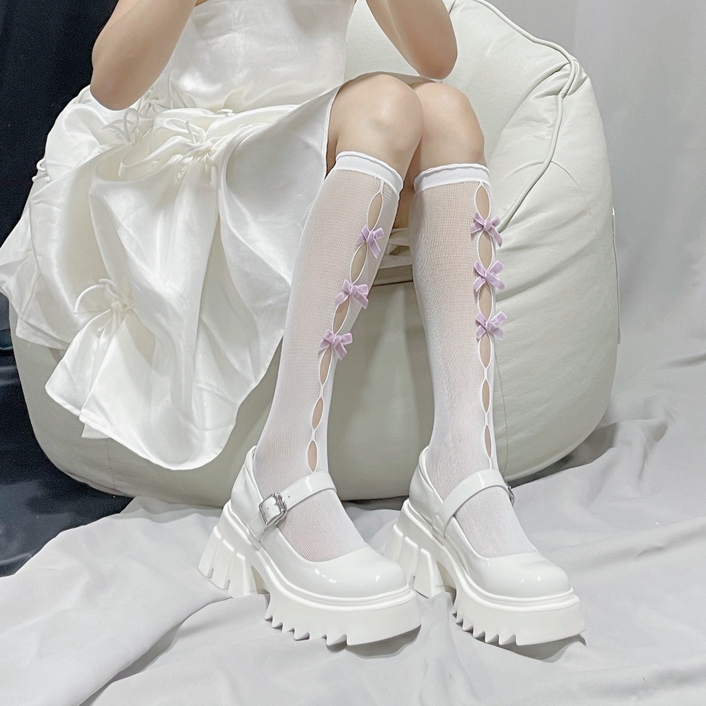 Vớ cao đến gối kiểu cắt rỗng phối nơ phong cách Lolita xinh xắn cho bé gái