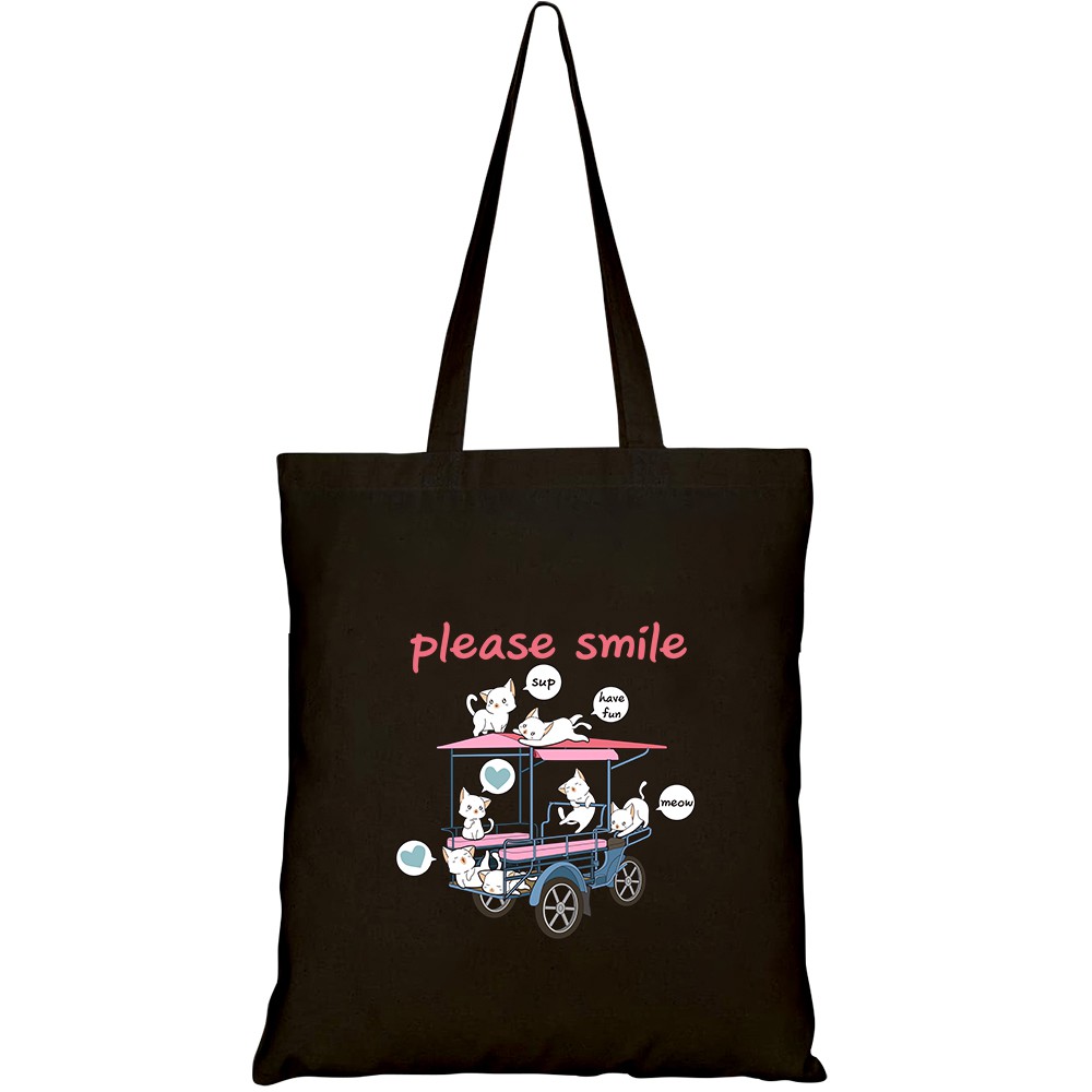 Túi vải tote canvas HTFashion in hình seamless kawaii cats freight vehicle pattern HT171