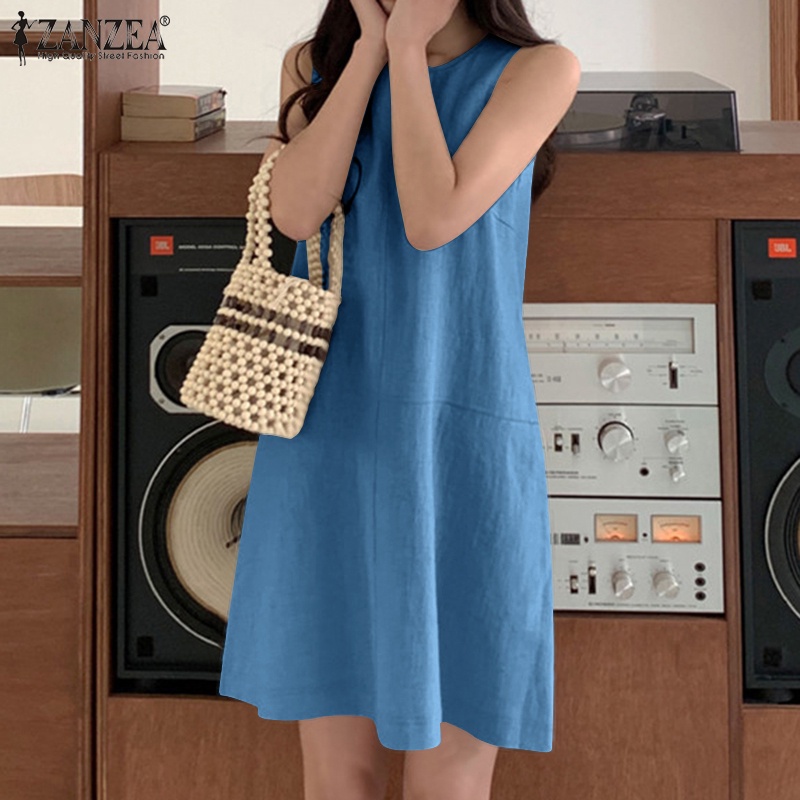 Đầm ngắn ZANZEA không tay cổ tròn màu trơn có túi sau lưng thời trang cho nữ