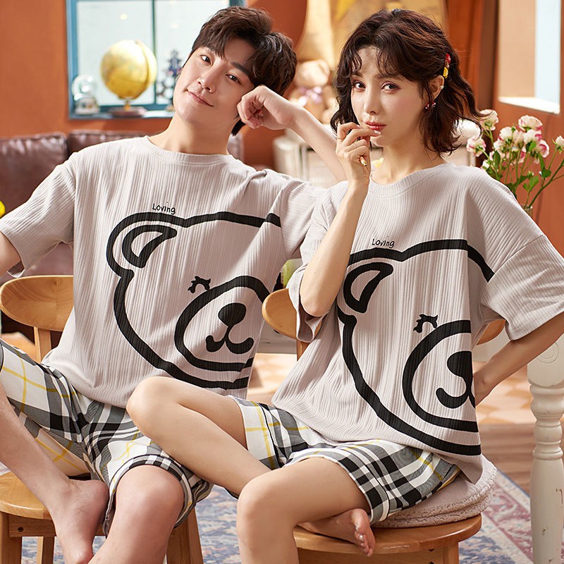 ▤2021 cặp đôi mới pyjama nữ mùa hè cotton mỏng nam quần đùi ngắn tay hai mảnh phục vụ tại nhà cỡ lớn