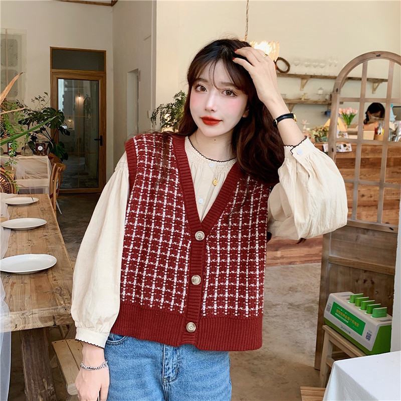 Áo Khoác Cardigan Dệt Kim Không Tay Dáng Rộng Họa Tiết Sọc Caro Phong Cách Hàn Quốc