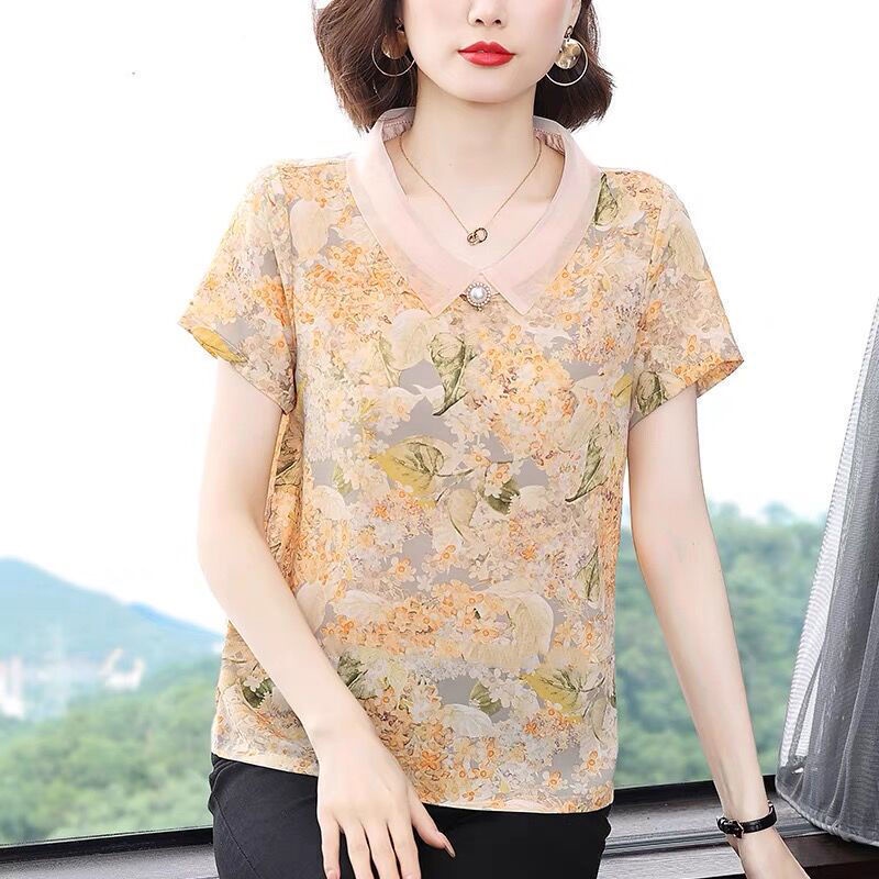 Áo Sơ Mi chiffon Cổ Búp Bê In Họa Tiết Hoa Thời Trang Mùa Hè Cho Nữ Trung Niên