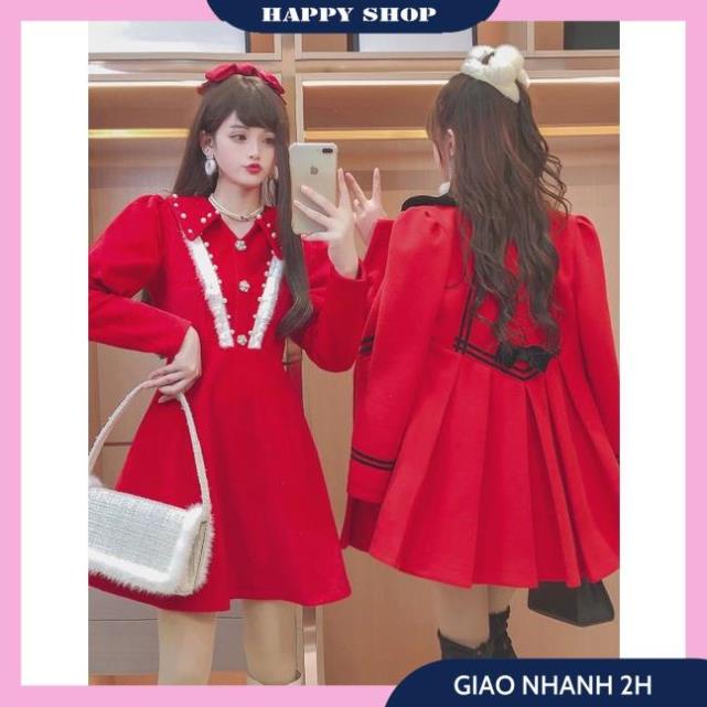 Váy Dạ Đỏ Nữ, Đầm Xòe Nữ Tay Dài Phối Cổ Sen Đính Nút Trang Trí Chất Dạ Cao Cấp Form Dáng Chuẩn Thời Trang Thu Đông Siêu | BigBuy360 - bigbuy360.vn