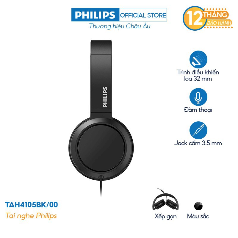 [Mã 153ELSALE2 giảm 7% đơn 300K] Tai nghe Philips chụp tai TAH4105BK/00, Có mic - Màu đen - Hàng Chính Hãng