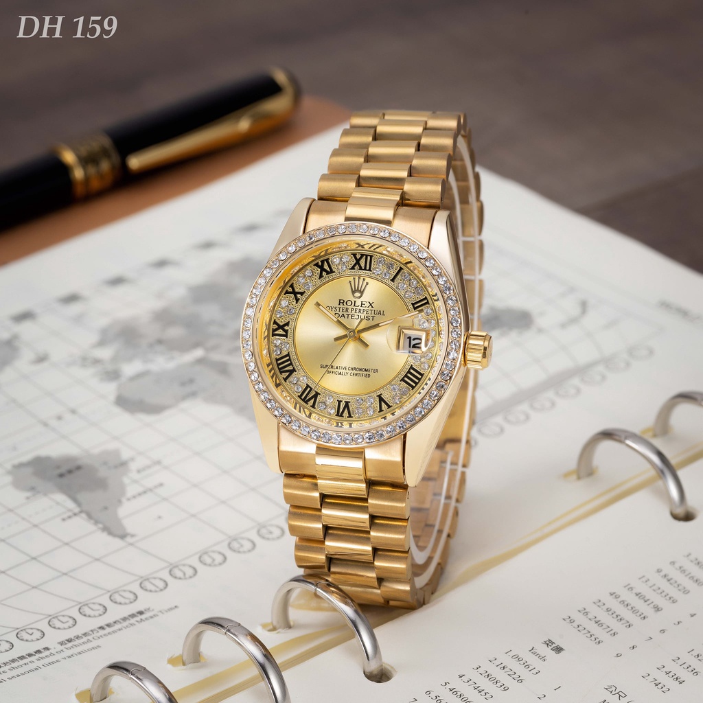 Đồng hồ nam Rolex mặt tròn viền đá sang trong dây kim loại cao cấp DH159 shop228
