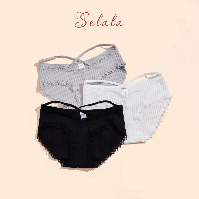 Quần Lót Nữ Selala Gân Tăm Phối Ren Dây Đan Sexy QC25