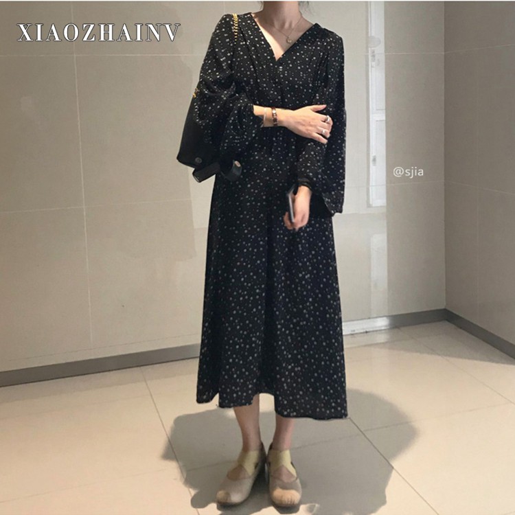 Xiaozhainv Đầm dài tay cổ V họa tiết thời trang phong cách Hàn Quốc xinh xắn | BigBuy360 - bigbuy360.vn