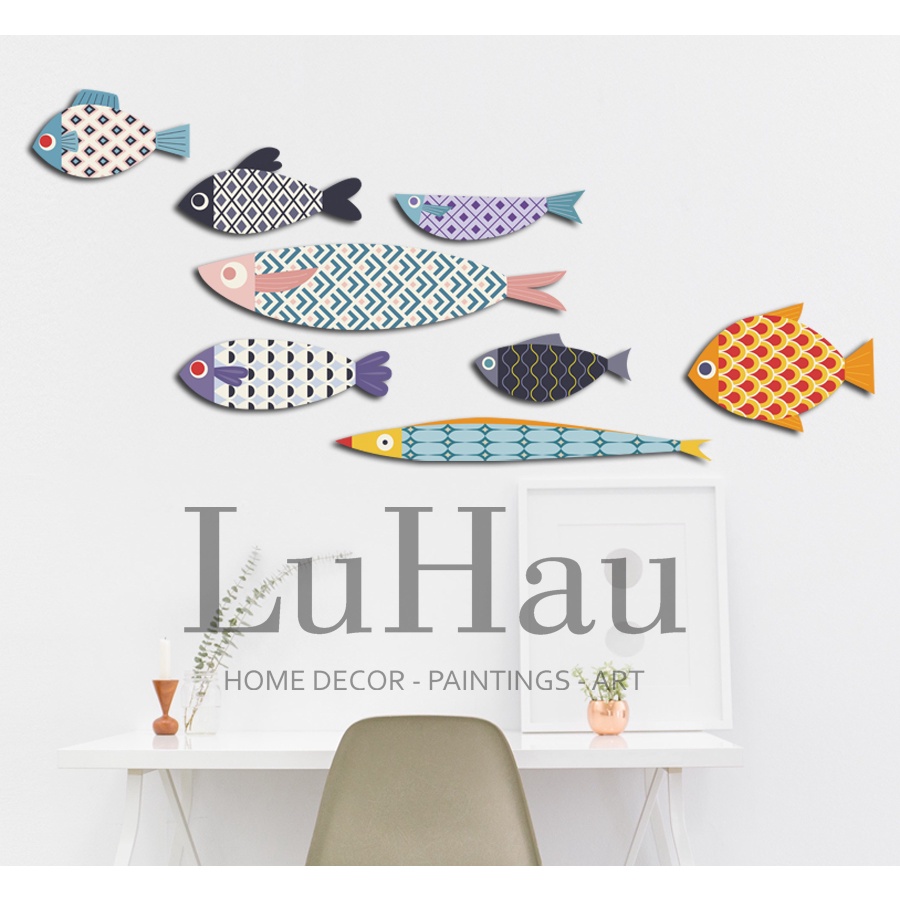 Tranh cá dán tường decor 8 chú cá LuHau thảnh thơi gắn sẵn băng dính tiện lợi trang trí nội thất phòng cho bé