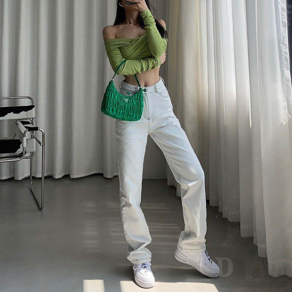 Daduhey Quần Jeans Dài Lưng Cao Ống Rộng Thời Trang Hàn Cá Tính Cho Nữ